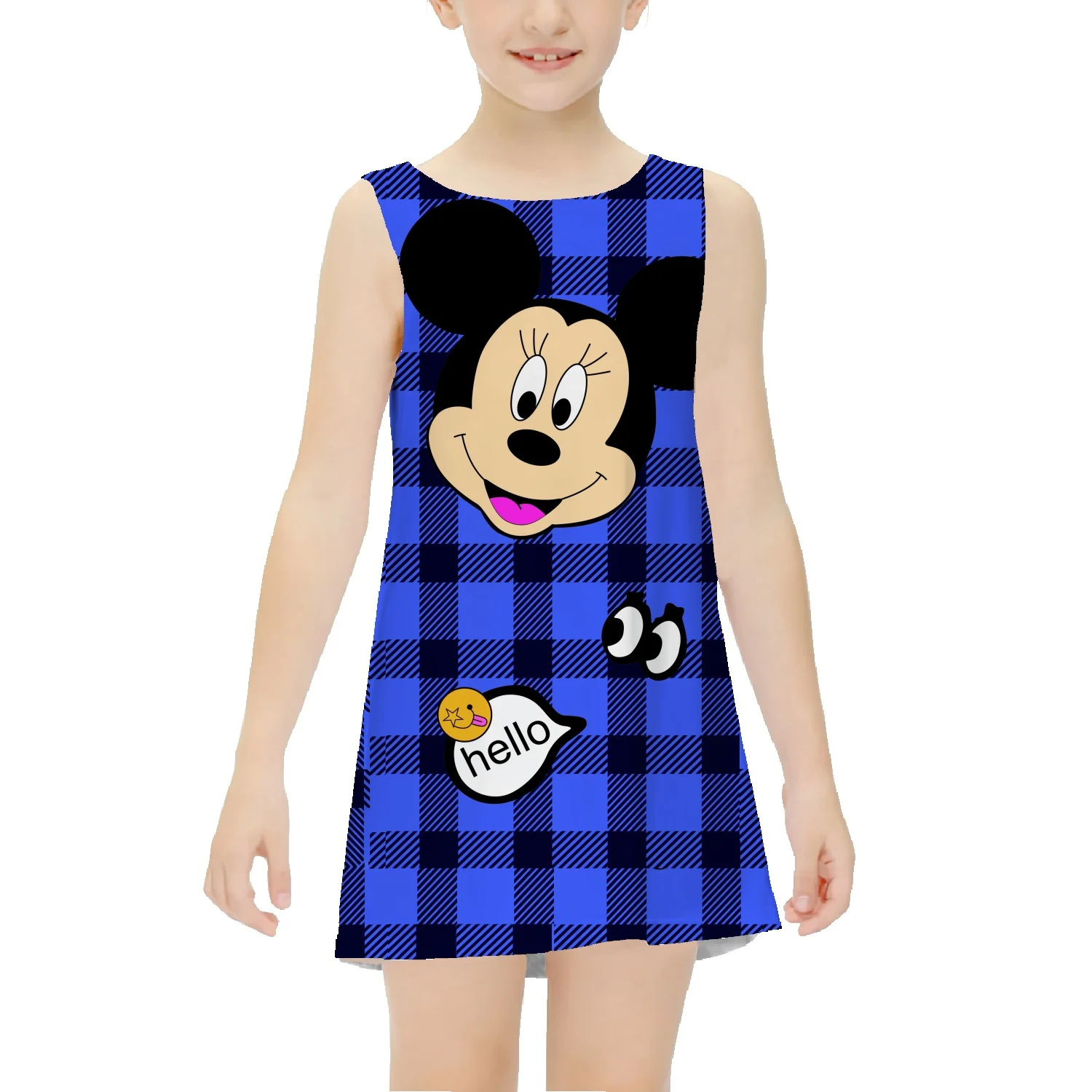 Disney Mickey Minnie Sleeveless Skirt Girls Dress 2022 New Summer Princess Dress Plaid Sling Dress Flying Sleeve Long Skirt