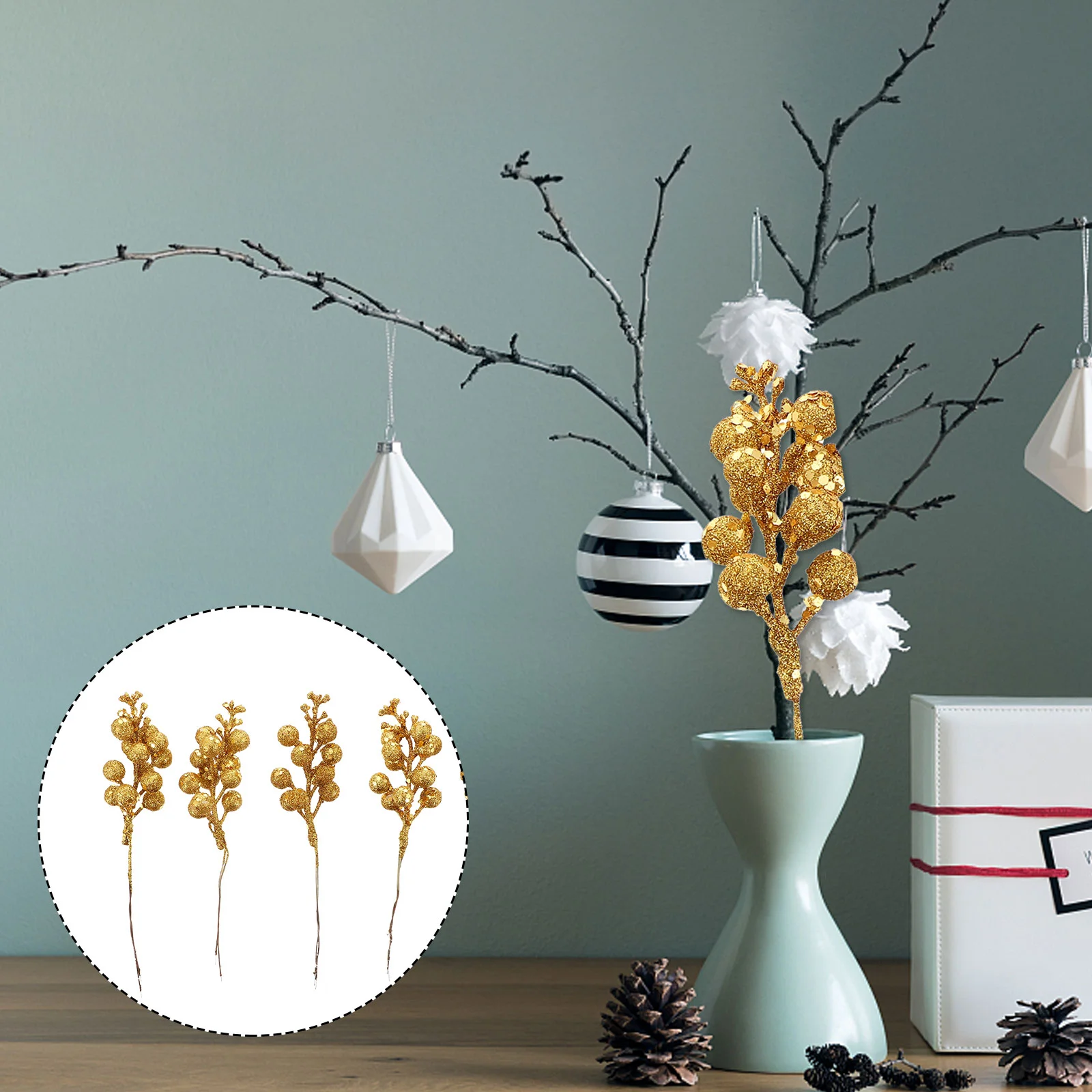 

Christmas Leafleaves Decor Tree Decorations Picks Glitter Adornment Berry Ornament Artificial Berries Golddecoration Holly Party