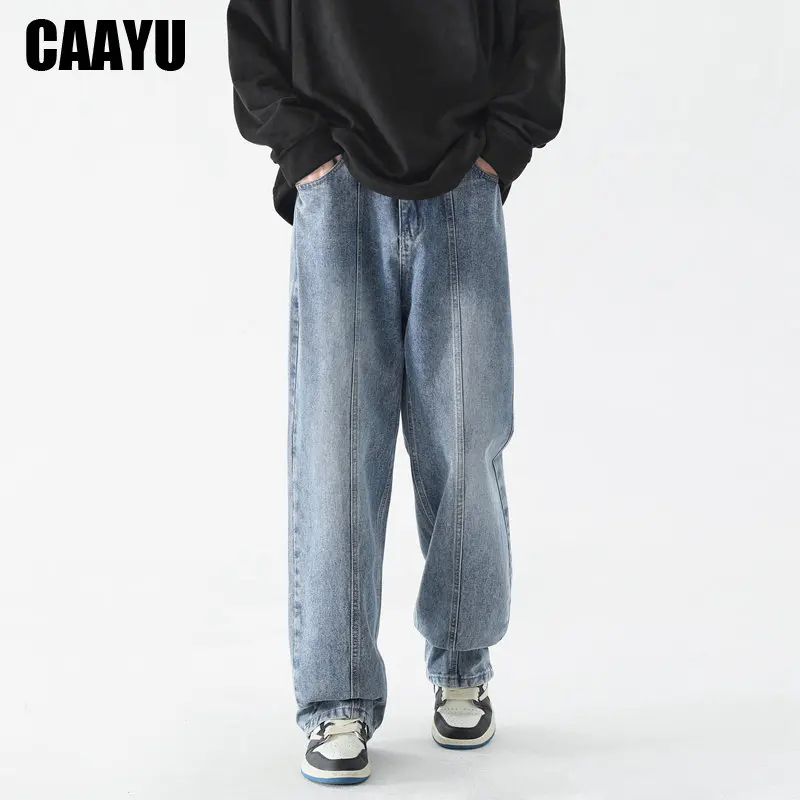 CAAYU New Korean Fashion Jeans Men's Hip Hop Classic Japanese Streetwear Straight-leg Denim Wide-leg Pants Male Black Gray Jeans