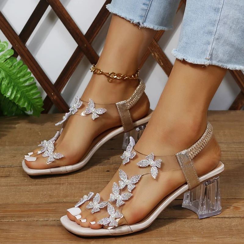 

Женские босоножки на высоком каблуке, с кристаллами