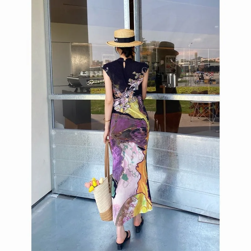 Фото Женское платье-ципао без рукавов с воротником-стойкой, с цветочным принтом, в стиле ретро, элегантное, макси №4