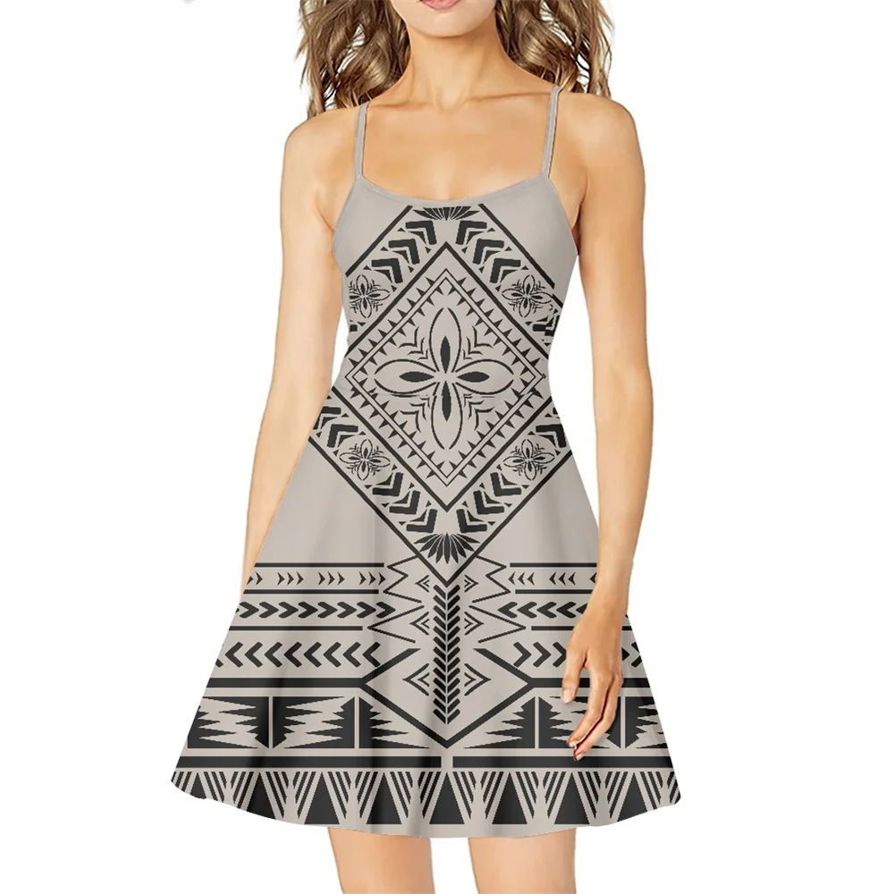 

Летнее платье для женщин, полинезийское племенное самоанское серое платье с принтом тапы, женское платье на бретелях-спагетти с оборками, п...