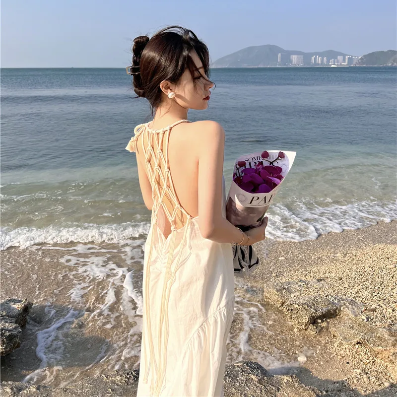 

Summer Women White Long Dress Bandage Halter Neck Backless Beach Dress Sexy Party Wedding Dresses Birthday Festivals Evening