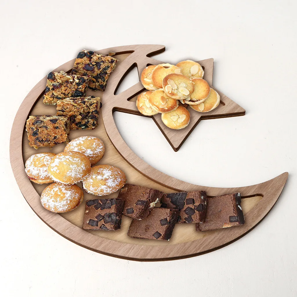 

Wooden Plate Moon and Star Pattern Ramadan Kulbang Table Decoration DIY Party Pastry Tray