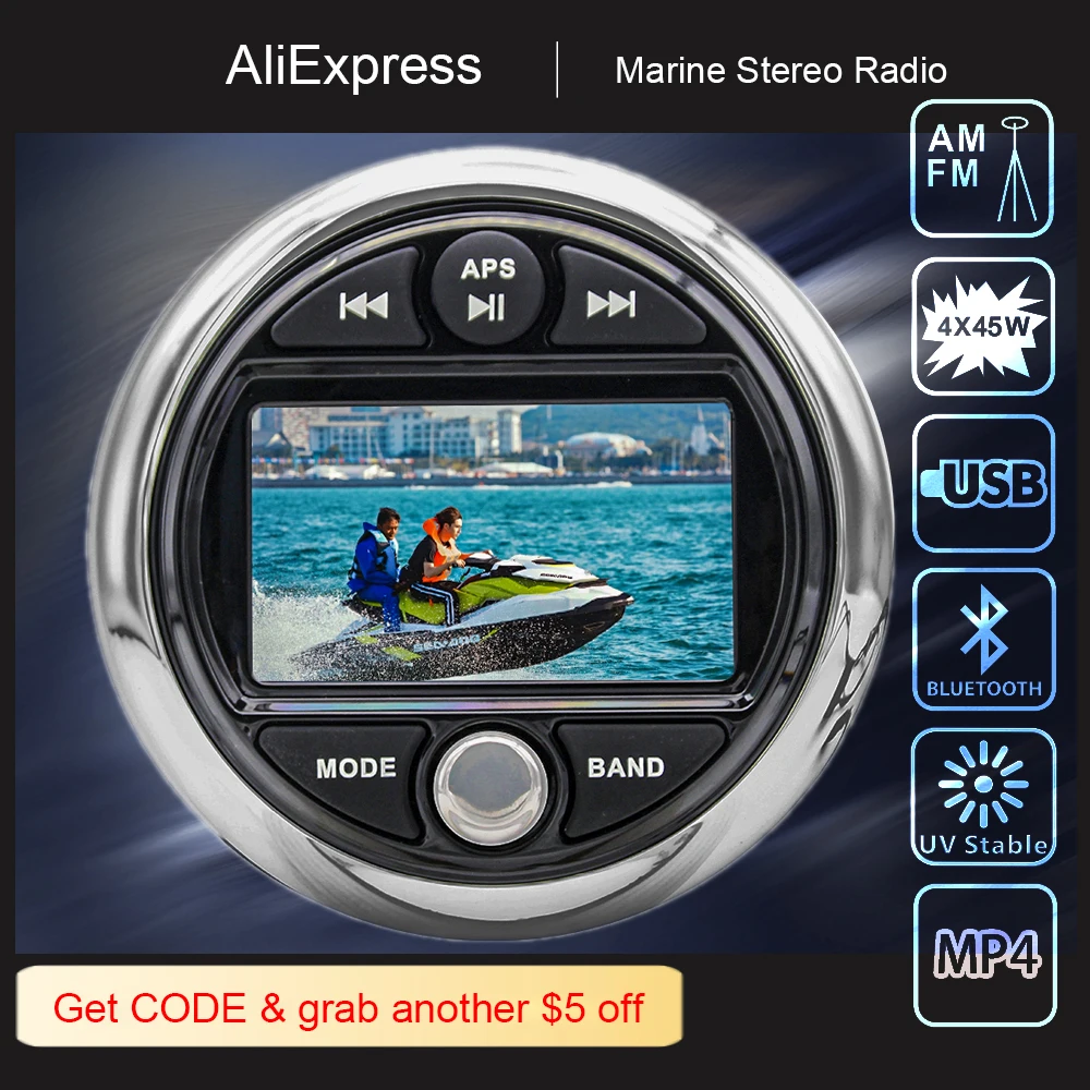 Marine Stereo Waterproof Boat Radio Mp4 Player Digital Media Bluetooth AM FM Receiver for ATV UTV Golf Cart Cabin Scooter Jetski