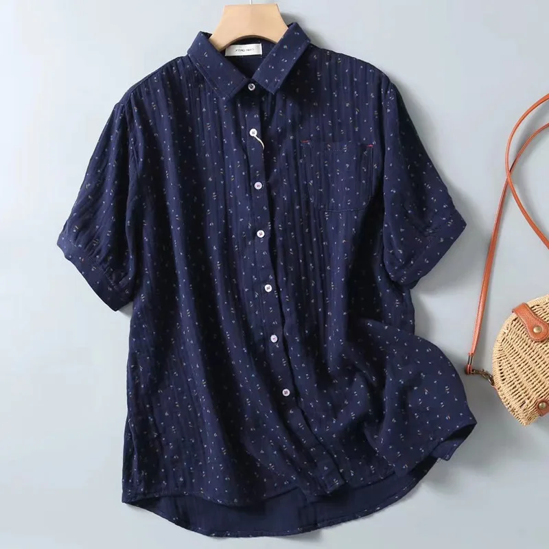 

Summer Women Loose Long Sleeve Lapel Cotton Print Cotton Shirt Top Camisas De Mujer