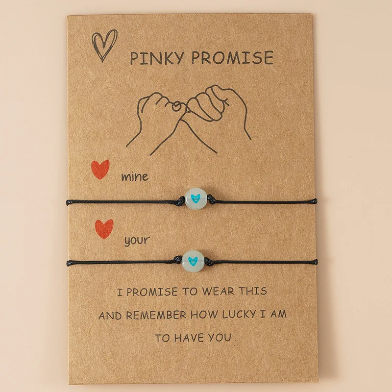 

2Pcs/Set Pinky Promise Bracelets Friendship Couple Matching Bracelet Luminous Heart Bead Elastic Rope Valentine's Day Gift