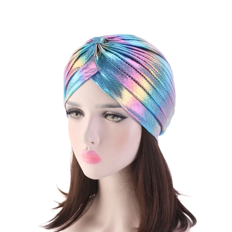 

Women Laser Turban Hat Colorful Bright Metallic Turban Indian Style Hair Cover Muslim Cap Inner Hijab Head Wraps Headscarf