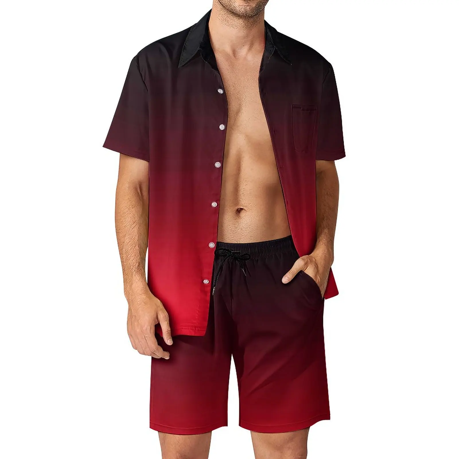 

Ярко-красный и черный мужской комплект с эффектом омбре, минималистичные градиентные повседневные шорты, пляжный комплект рубашки, летний костюм в стиле ретро на заказ, Одежда большого размера