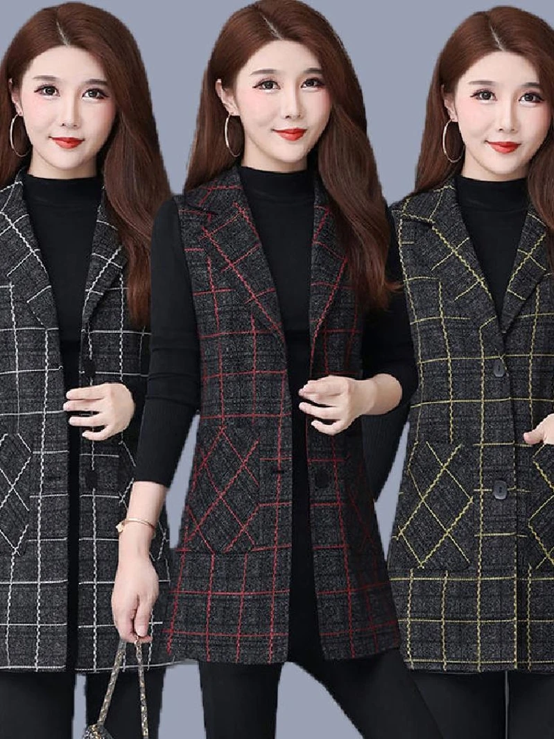 Осенняя одежда 2024. Новое женское платье среднего возраста. Жилет в клетку.