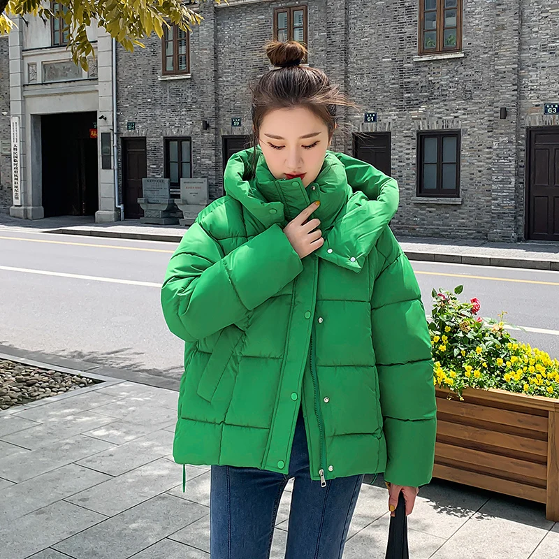 Stand Collar Solid Color Drawstring Jacket Women's Zipper Loose Cotton Coat Autumn Winter Ladies Warm Hooded Parka Coat Women