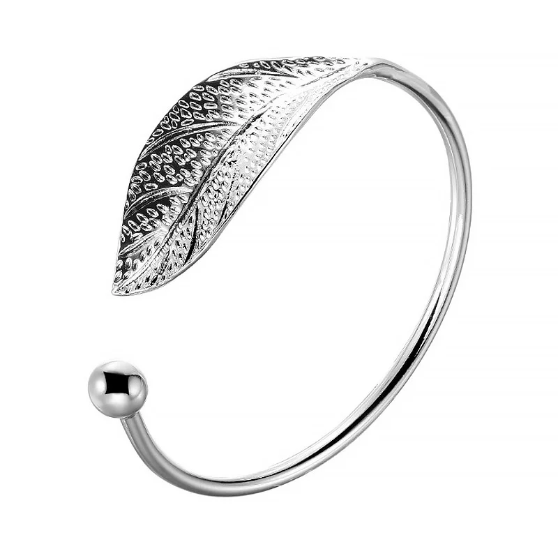 Fashion 925 Sterling Silver Woman Cuff Bracelet Open Leaf Shaped Adjustable Charm Bangle Girls Party Jewelry Christmas Gifts images - 6