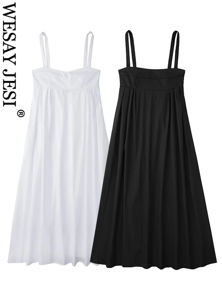 

WESAY JESI модное однотонное белое платье на бретельках с эластичной завышенной талией и широкой юбкой современное приятное для кожи платье