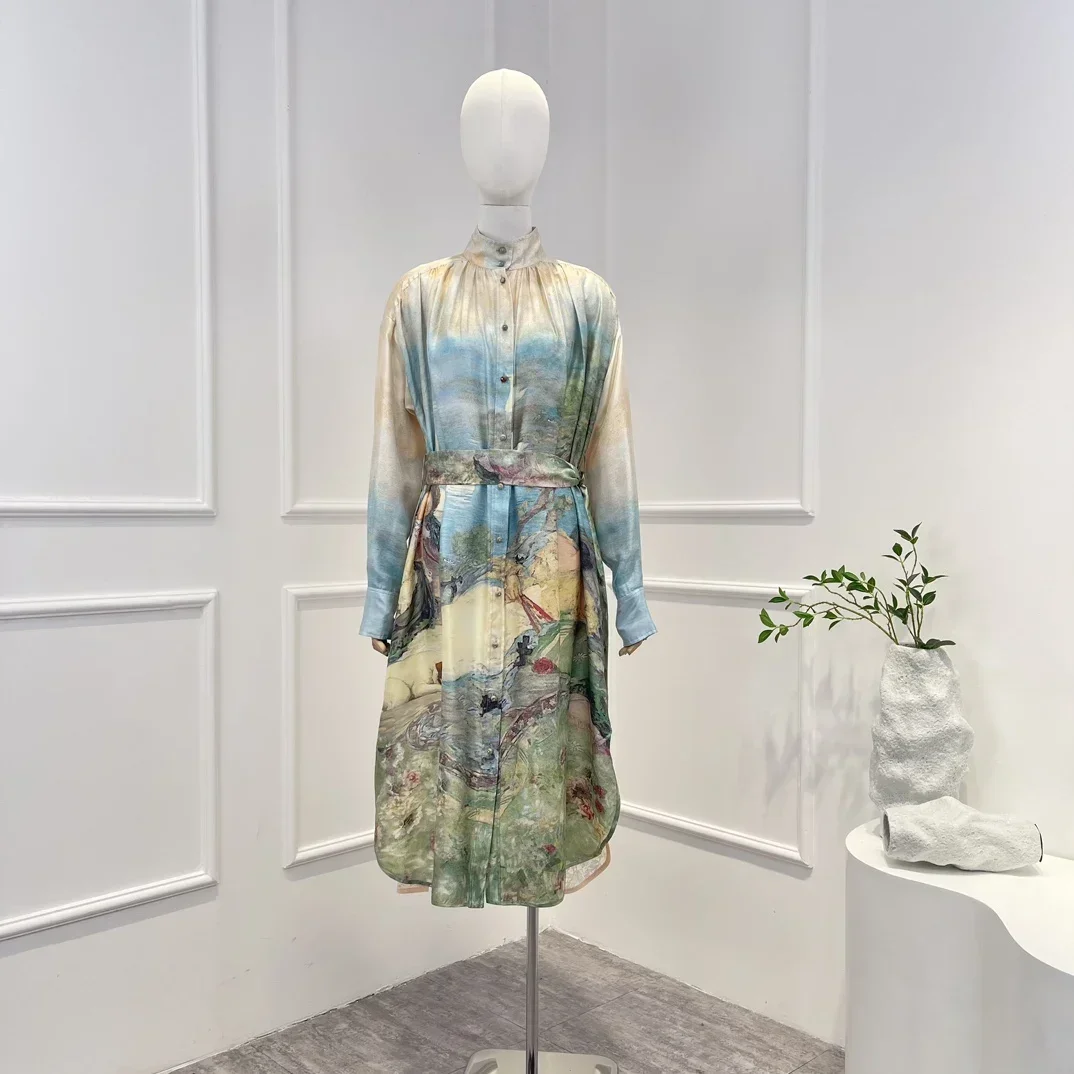 

2023 New Arrivals High Quality Scenery Printing Patchwork Lace Buttons Casual Belt Woman Midi Dress for Holiday