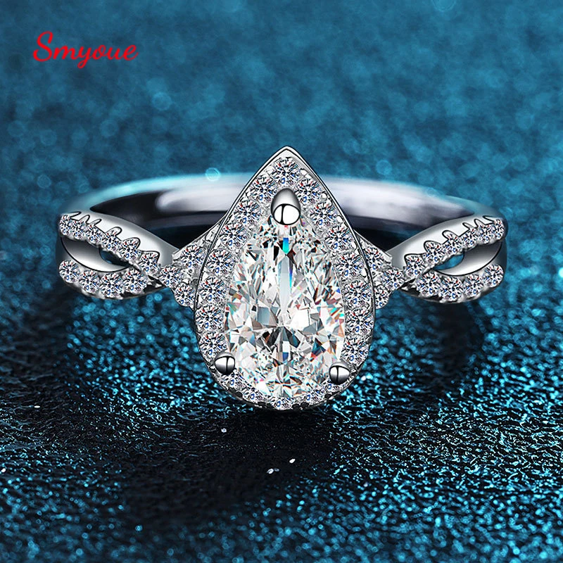 Smyoue Pear Cut1 CT 5*8MM Moissanite Engagement Rings for Women Cross Water Drop Adjustable S925 Sterling Silver Moissan Diamond