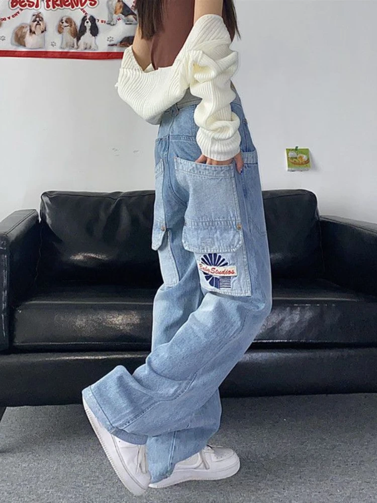 ADAgirl Y2k Baggy Cargo Pants Women Streetwear Vintage Patchwork High Waist Blue Jeans Harajuku Casual Pockets Denim Trousers