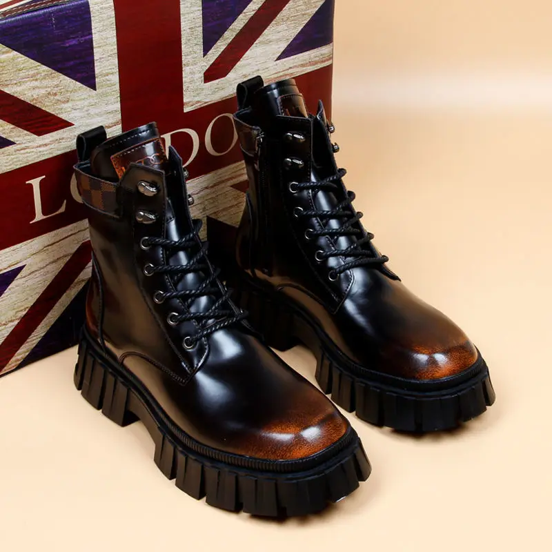 2022 New Patent Leather Autumn Zip Platform Elevator Ankle Glitter Tied Formal Wear High-Top Men's Shoes