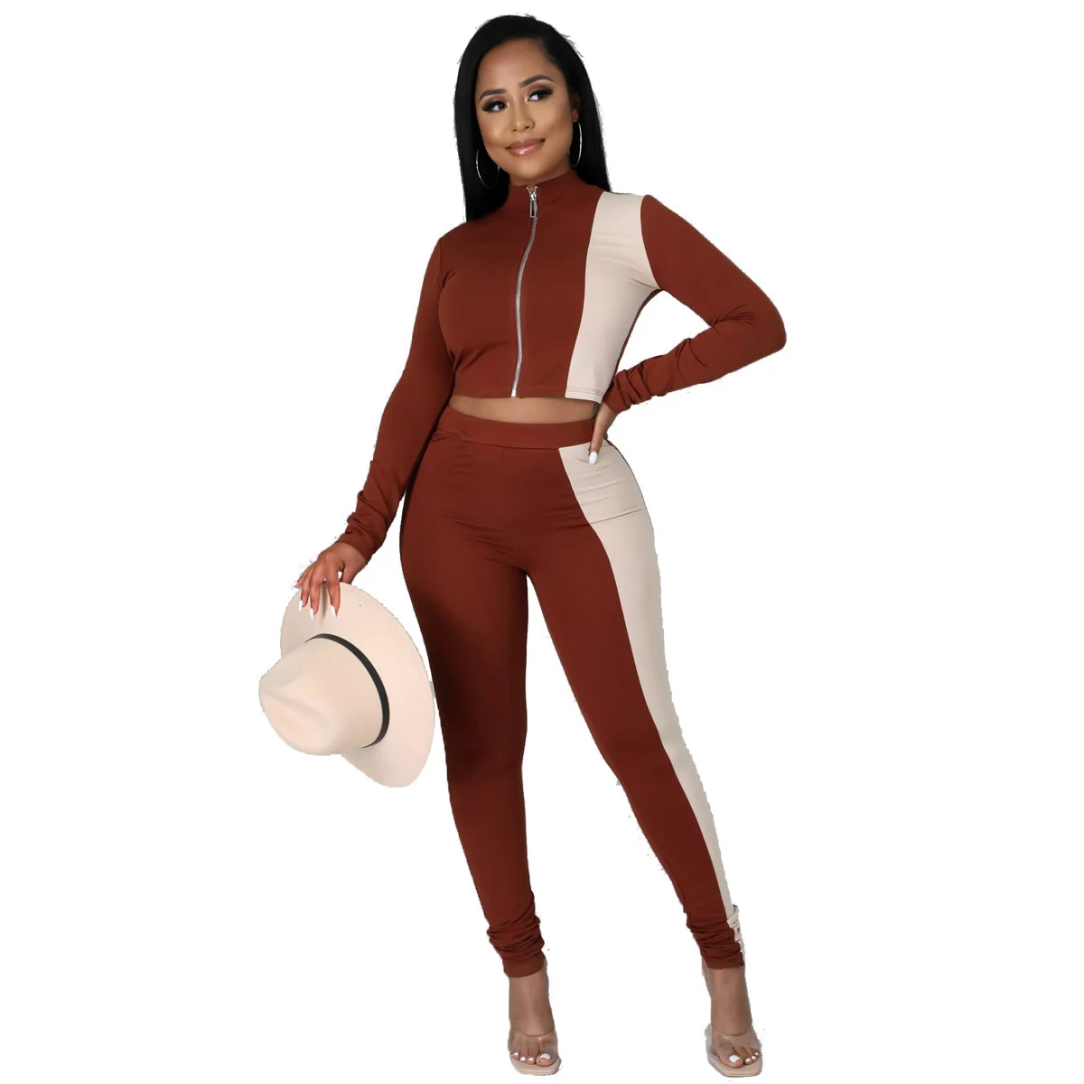 

Znaiml 2022 Two Piece Sets Womens Crop Top Striped Pants Set Sexy Fashion Zipper Cardigan Tight Suits Female Outfits Clothing