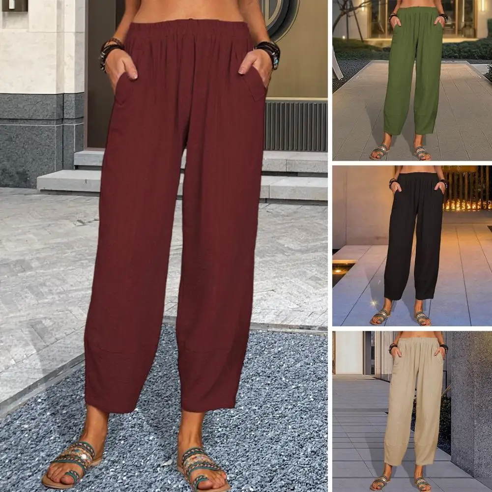 

Cotton Linen Women Pants Lady Trousers Solid Color Breathable Elastic Waist Quick Dry Summer Harem pants for Shopping