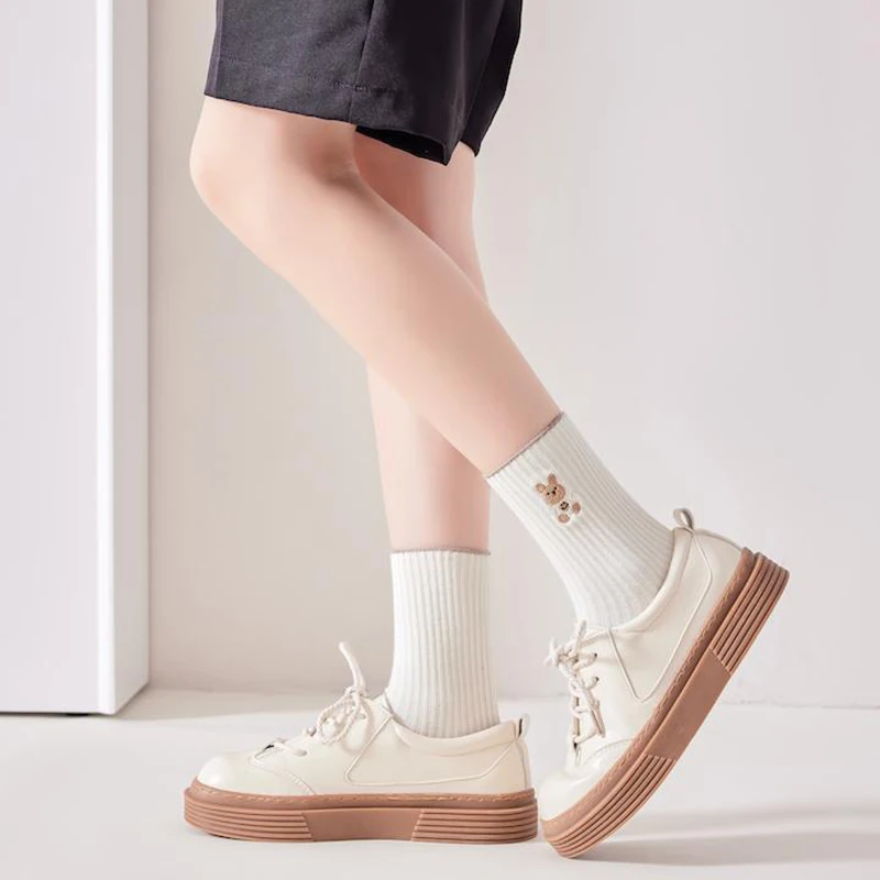 5 Pairs Cute Cartoon Bear Women Socks Spring and Autumn Polyester Cotton Mid-tube Sock Kawaii Korean Japanese Student Girls Sock