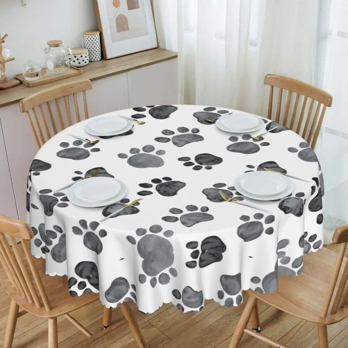 

Round Fitted Cat Paw Print Table Cloth Oilproof Tablecloth 60 inches Table Cover for Kitchen Dinning