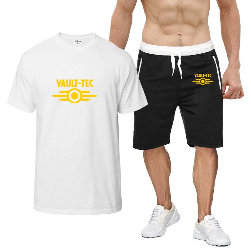 

Vault Tec Logo Video Game Fallout 2 3 4 Print Summer Men's Suit Sportswear Sports Suit Short-Sleeved T-Shirt Shorts 2-Piece Set