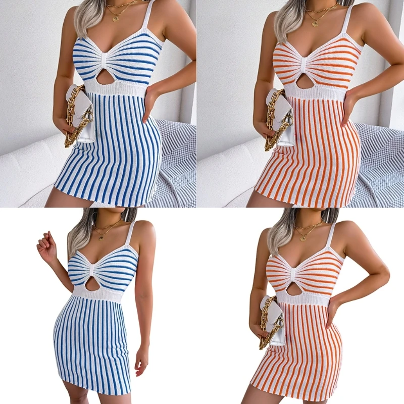 

Women Summer Spaghetti Strap V-Neck Knitted Colorblock Striped Mini Bodycon Dress Sexy Cutout Front Beach Cami Dresses