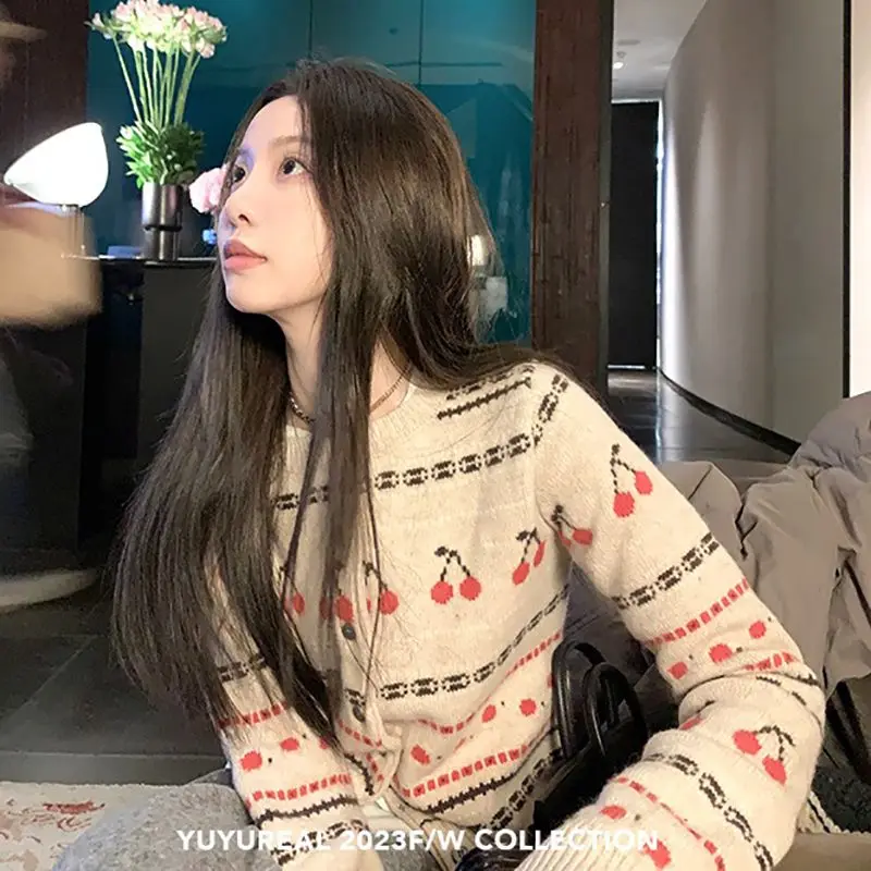 Gaganight женский ретро контрастный вишневый жаккардовый вязаный кардиган 2024