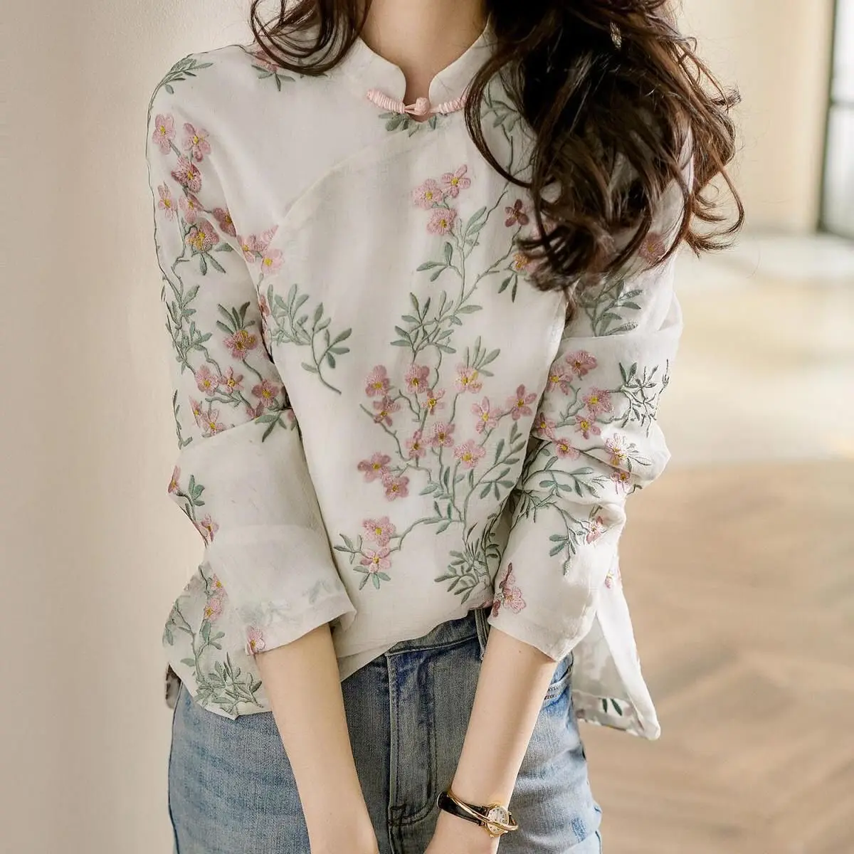 

Vintage Button Long Sleeve Printed Stand Collar Shirt Women's Spring And Summer 2022 New Top