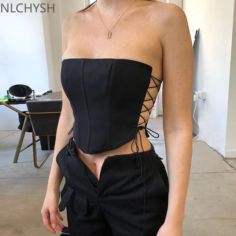 

Cryptographic Off Shoulder Strapless Lace Up Sexy Bustier Corset Crop Tops for Women Black Sleeveless Vest Top Cropped Feminino