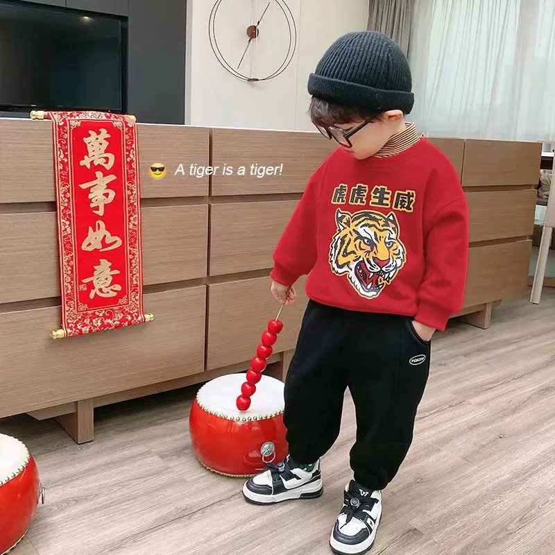 

2022 New Year OF The Tiger Children's Clothing plus Velvet Chinese Style Children's crew neck Sweater National Boys Clothes