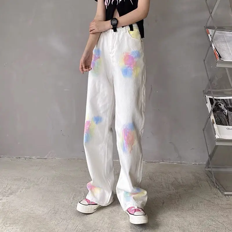 Womens Jeans Tie Dye Trousers White Woman Pants Straight Leg Cowboy Vintage Basics Aesthetic New In Denim Z Loosefit Summer 90s