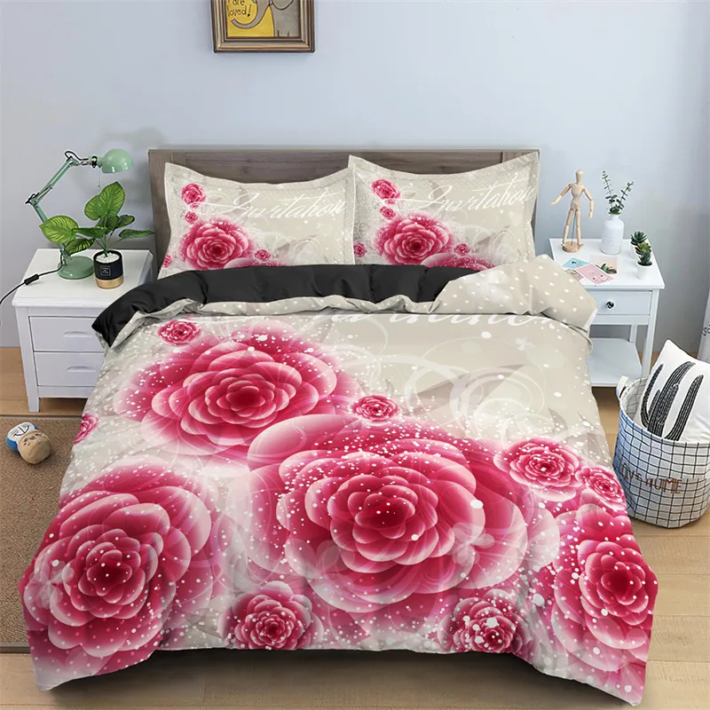 Flower Duvet Cover Sets Queen Size Floral Print Bedding Set Bedroom Decor Black Quilt/Comforter Cover With Pillowcases 3D Design
