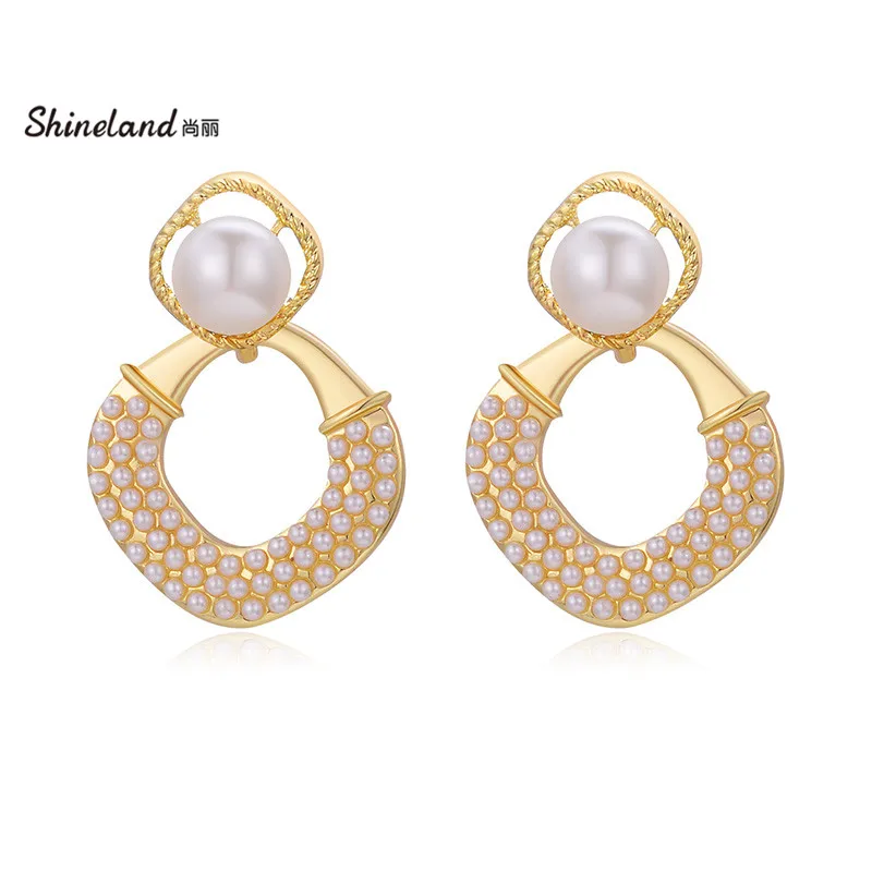 

Shineland New Sweet Simulated Pearl Circle Drop Earrings For Women Handmade Metal 2023 Fashion Jewelry Bijoux Mother's Gift