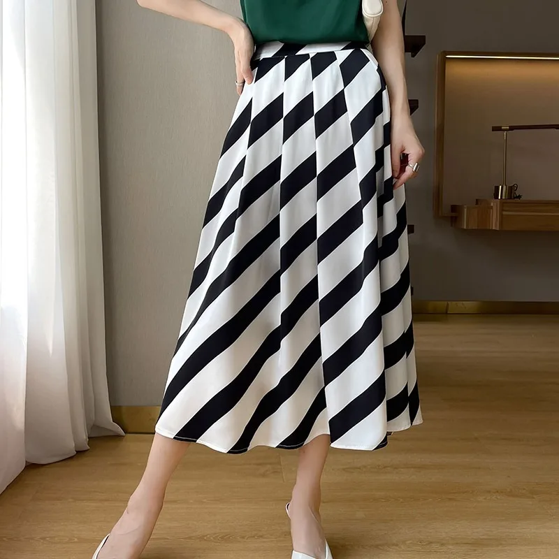 

Calf Skirts Summer Thin Elegant Skinny Striped Temperament High Waist Fashion Casual Intellectual New Women ' s Clothing 2023