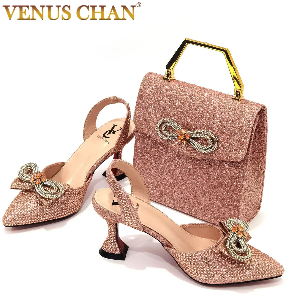 

Venus Chan Champagne Colors Rhinestone Bow Pointed Toe Fashion High Heels Party Wedding Women's Sandals Shoes and Bags Set