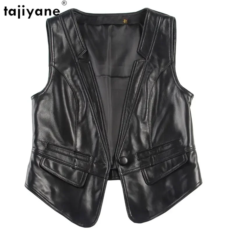 Женская короткая куртка без рукавов Tajiyane черный кожаный жилет из натуральной
