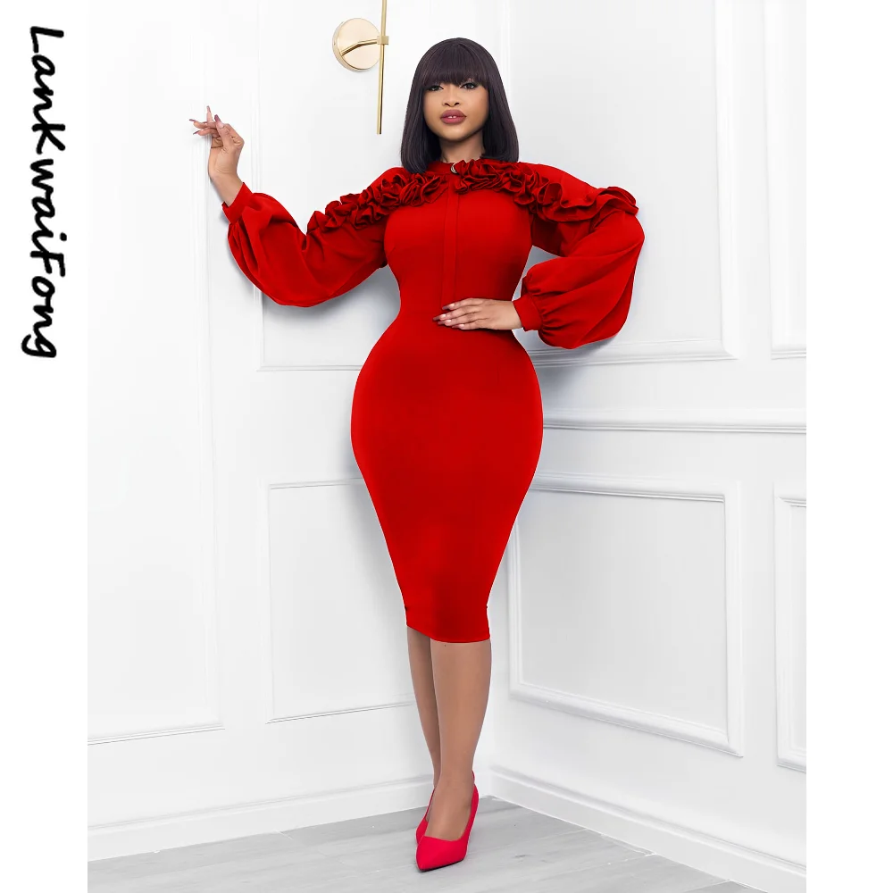 

LKF Premium Dress Spring New Elegant Temperament Shirt Collar Ruffles Hip Wrap Sexy Slim Casual Party Dress Black Red