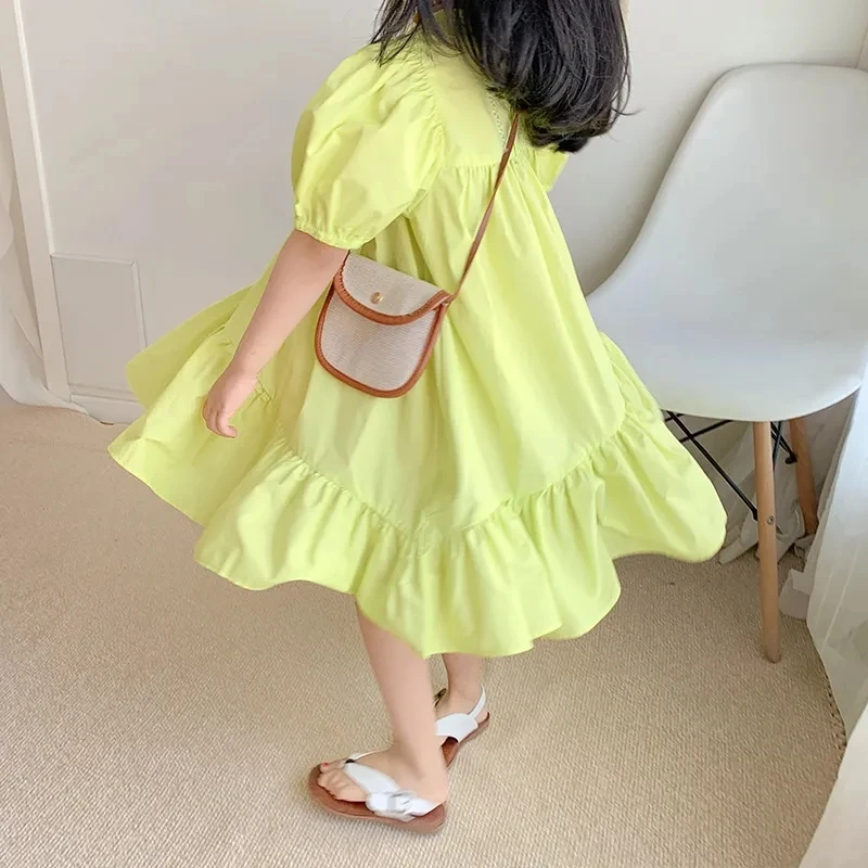 

New Summer Girl's Dresses Fashion Stitching Short-Sleeved Irregular Dress Solid Color Princess Dress Children's Clothing