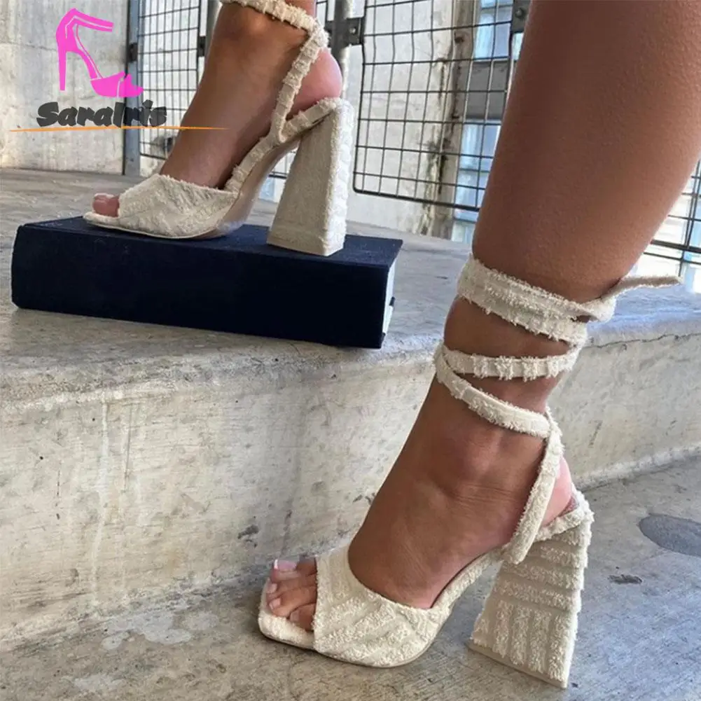 Solid Ankle Strap Sandals 2023 European Style Sexy Thick Heels Sandals Summer Towel Square Toe Element Brand Design Party Shoes