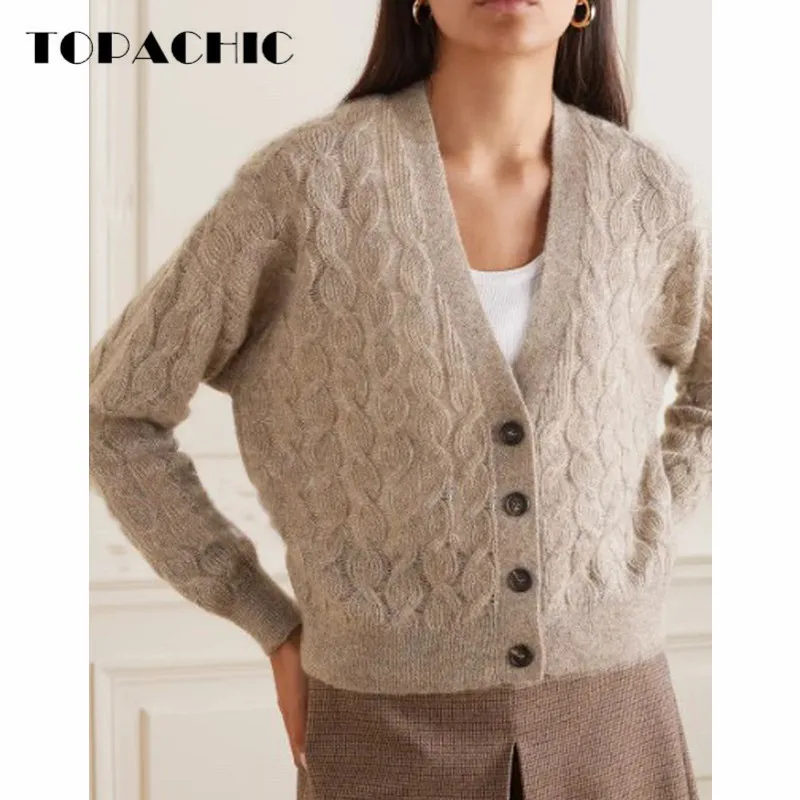 

Женский вязаный кардиган TOPACHIC, элегантный однобортный Свободный кардиган из смеси мохера и шерсти с цветочным принтом и V-образным вырезом, 9,21