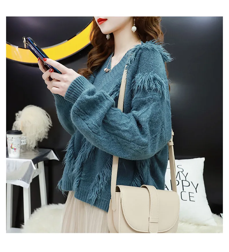 

New Fashion V-neck Long-Sleeve Knitted Sweater Female Korean Tassel Stitching Lazy Wind Solid Was Thin Pullover Women Tide G2805