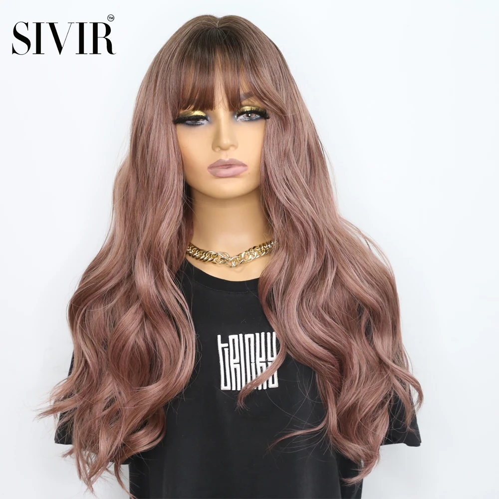 

Sivir Synthetic Wigs for Woman with Bangs Pink-Brown Long Natural Wave Cosplay/Daily/Party Heat Resistant Fibre