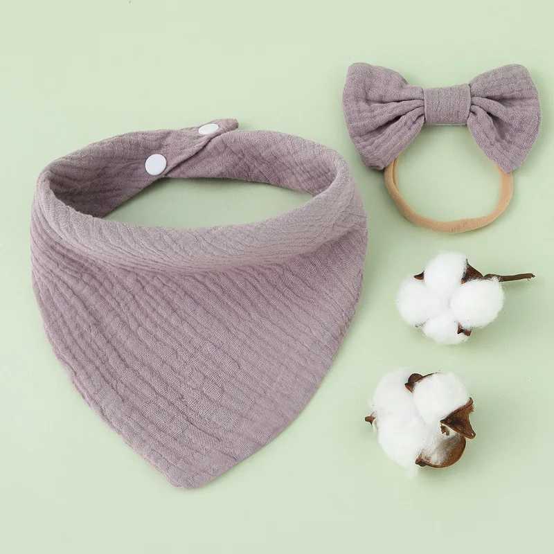 2Pcs/Set Baby Solid Color Cotton Muslin Bib Bow Hair Band Set Newborn Slabber Absorbent Burp Cloth Scarf Saliva Towel Stuff - купить по