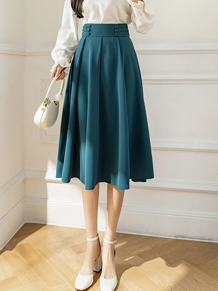 

BETHQUENOY Summer Clothes For Women 2022 Office Elegant Midi Skirt Solid Casual High Waist Big Swing Skirts Faldas Mujer Moda