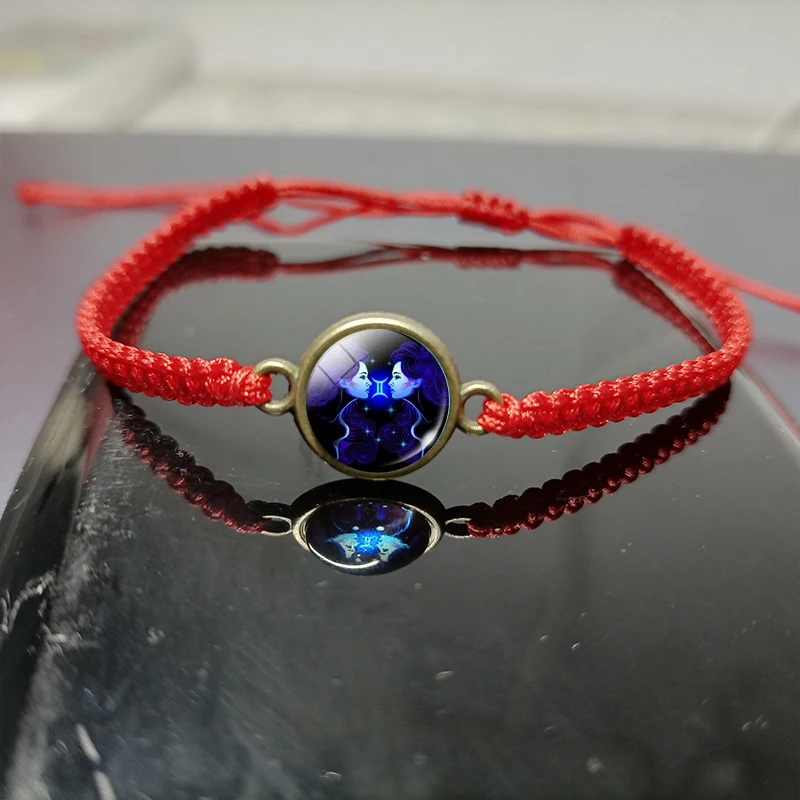 

12 Constellations Bracelet Glass Cabochon Red Rope Woven Bracelets & Bangle for Men Women Zodiac Wristband for Birthday Gifts