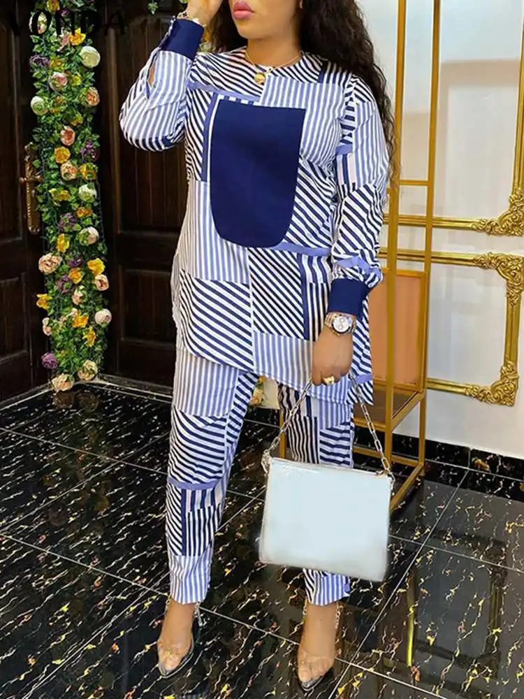 

VONDA Women Autumn Pant Sets Long Sleeve Casual Tops Elastic Waist Pants 2023 Fashion Stripe Bohemian Sets Printed Loose 2pcs