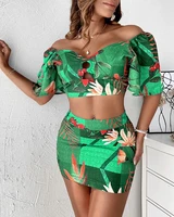 print skirt set women summer 2022 new sexy tropical print flutter sleeve top boho a skirt suit green 2 pieces