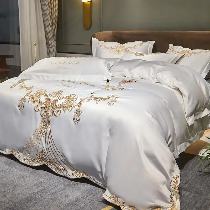 

Комплект постельного белья с золотой вышивкой, роскошный однотонный атласный хлопковый двойной пододеяльник, простыня, наволочки