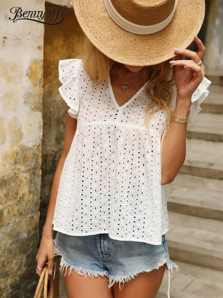 

Benuynffy V-neck White Hollow Out Ruffle Sleeve Blouse Women 2022 Summer Fashion Cotton Female Boho Casual Loose Tops Blouses